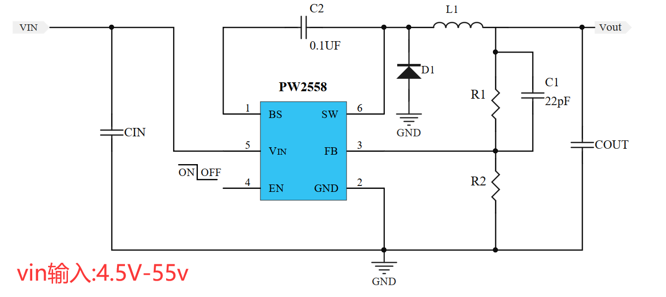 PW2558典型电路图 代理PW2558简易外围的50V降压芯片