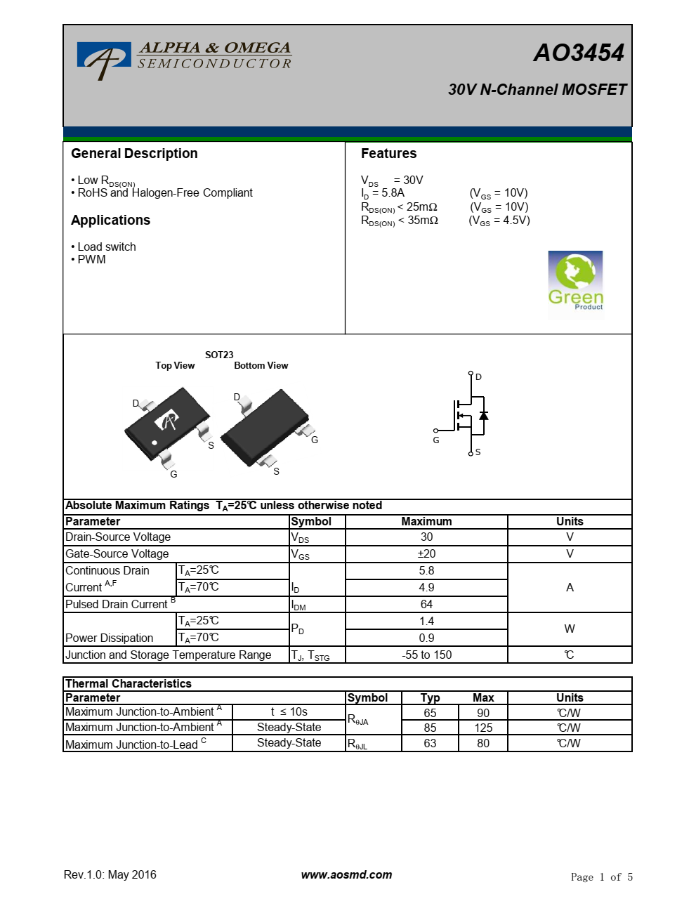 AO3454  30vn沟道MOSFET