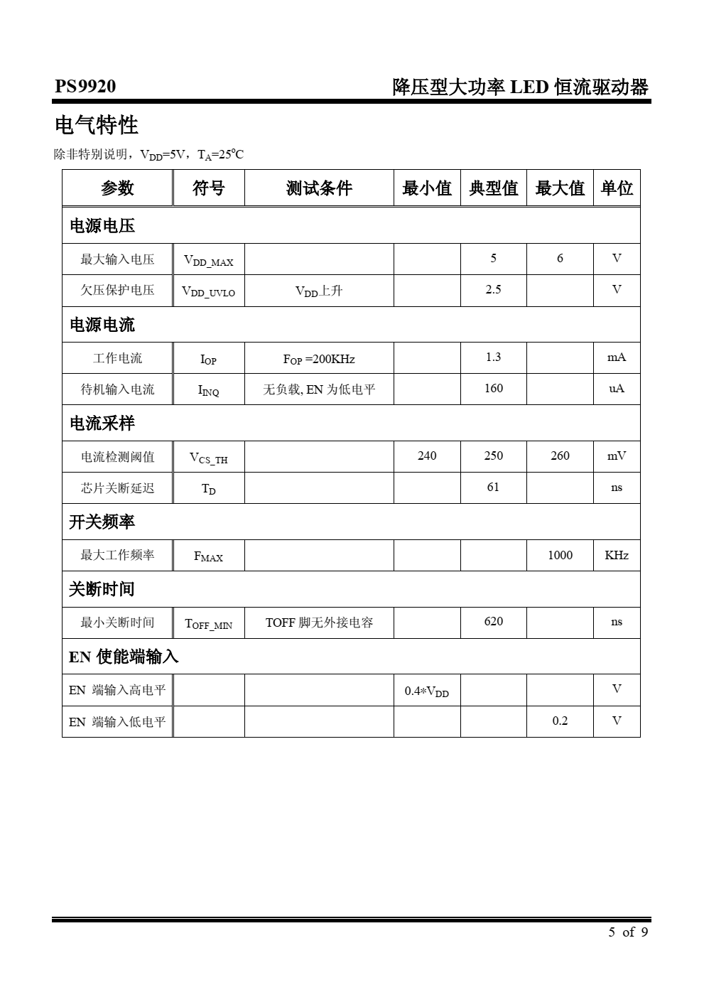 PS9920 是一款高效率，稳定可靠的 高亮度 LED 灯恒流驱动控制芯片