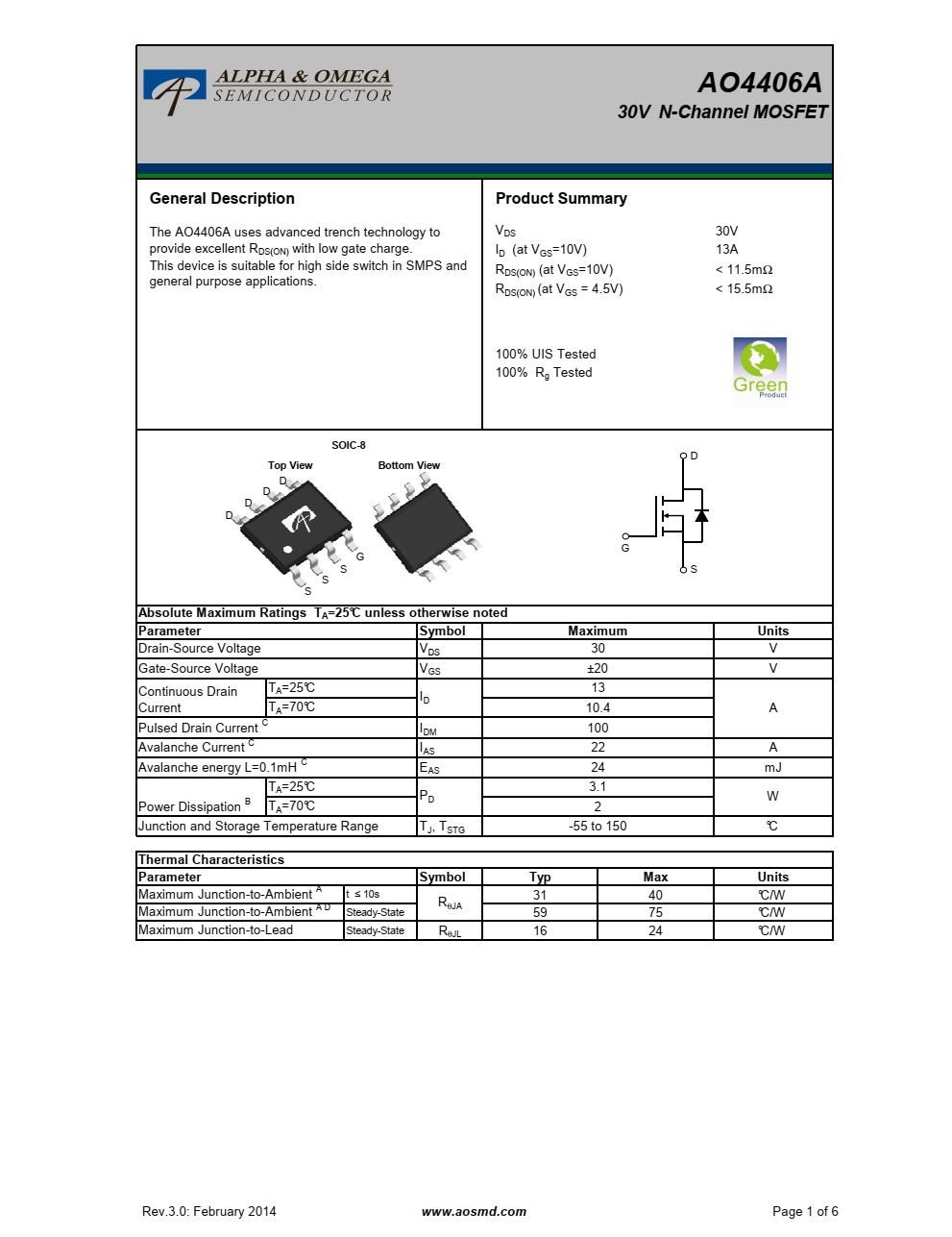 AO4406A 30V P沟道MOSFET