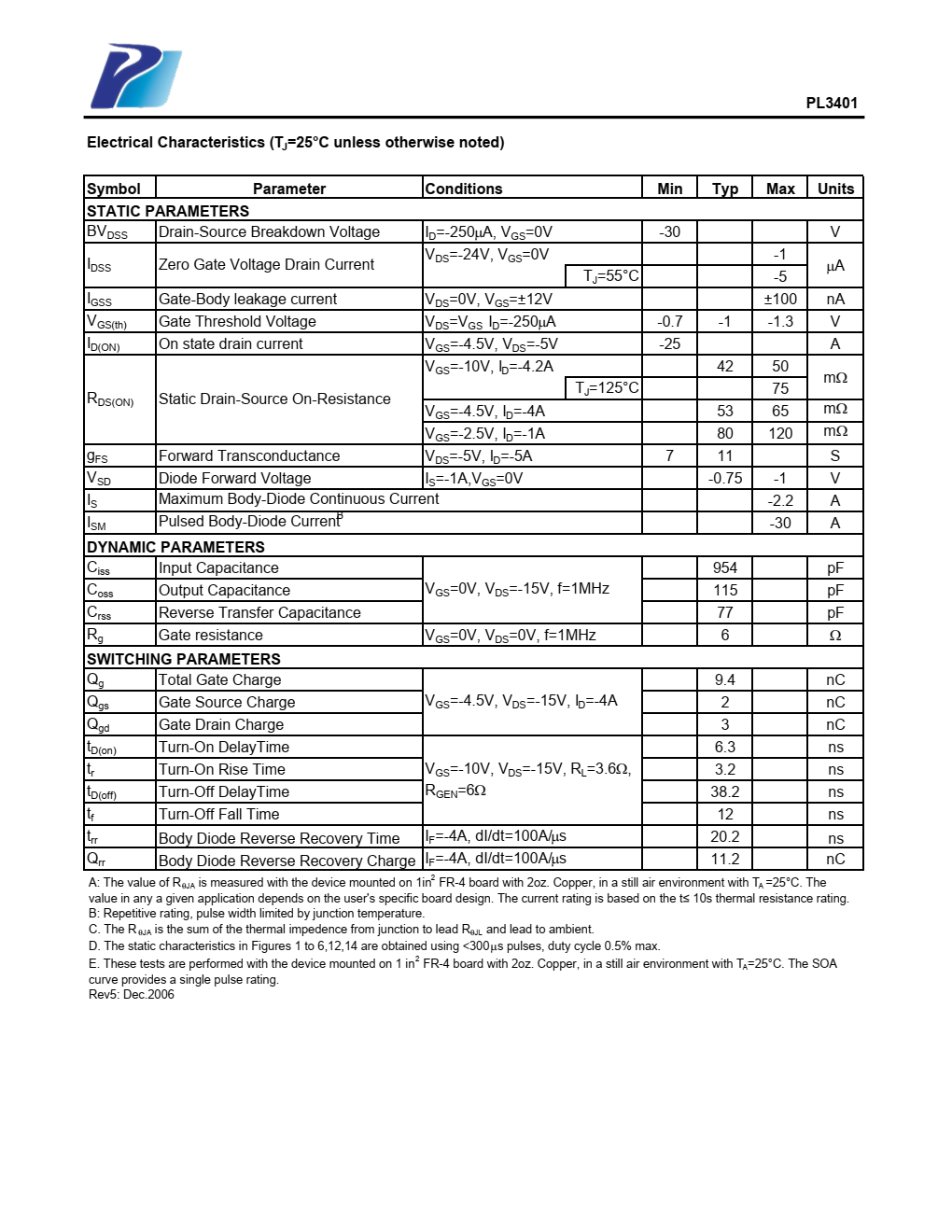 PL3401采用先进的沟槽技术  提供出色的RDS（ON），低栅极电荷和  门极电压低至2.5V时运行