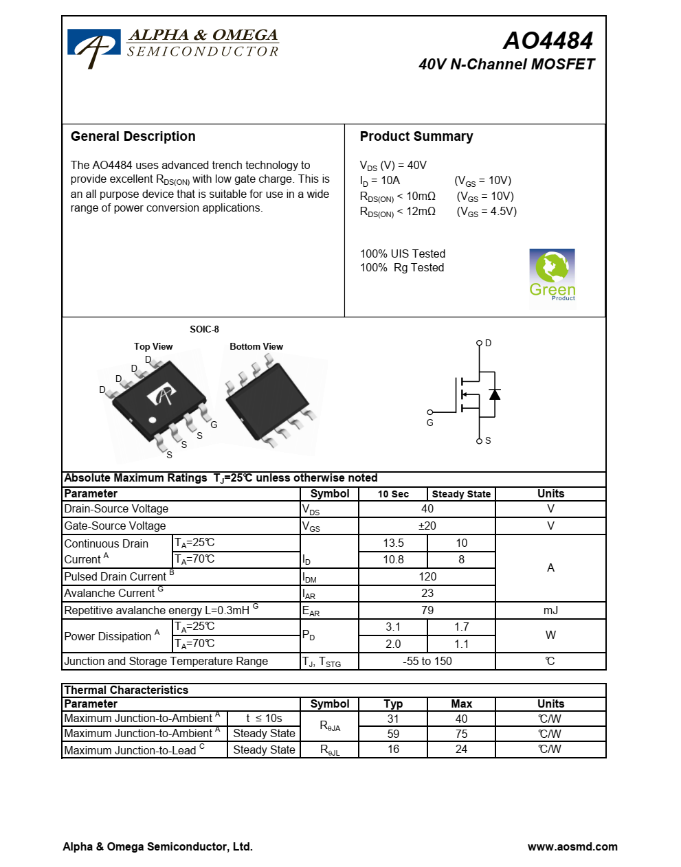 AO4484采用先进的沟槽技术，提供低栅极电荷的出色RDS（ON）