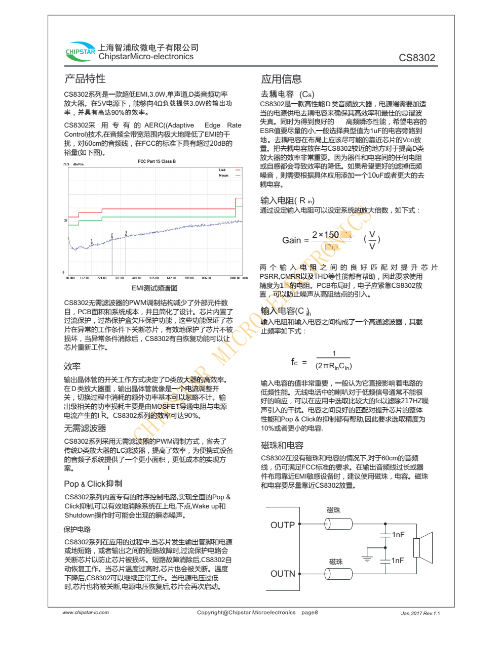 CS8302是一款高效率,超低EM30w单声道D类频放大器