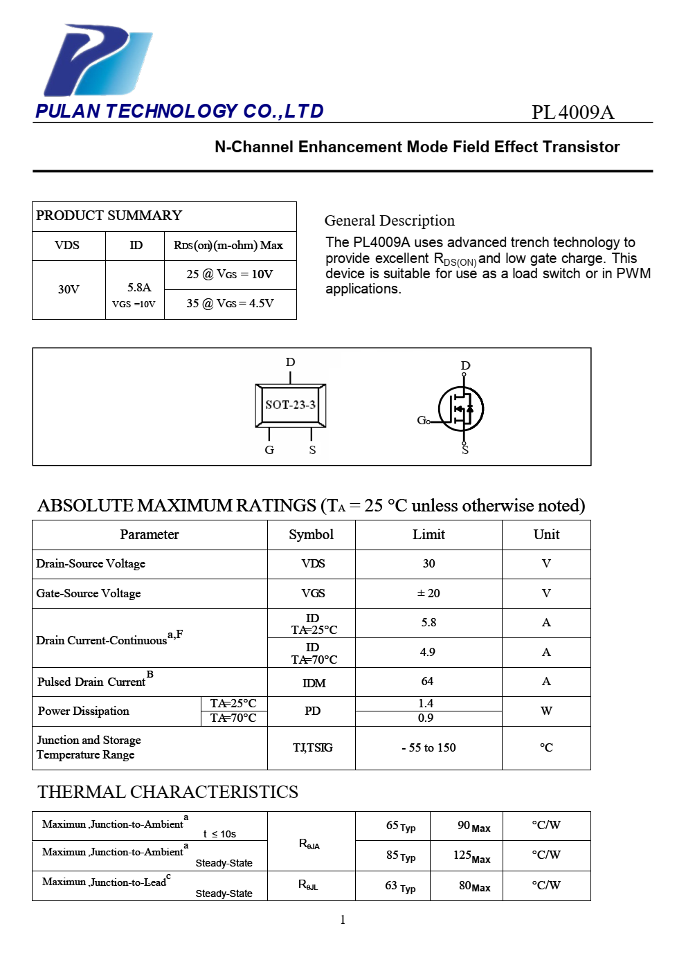 PL4009A采用先进的沟槽技术  提供出色的RDS（ON）和较低的栅极电荷