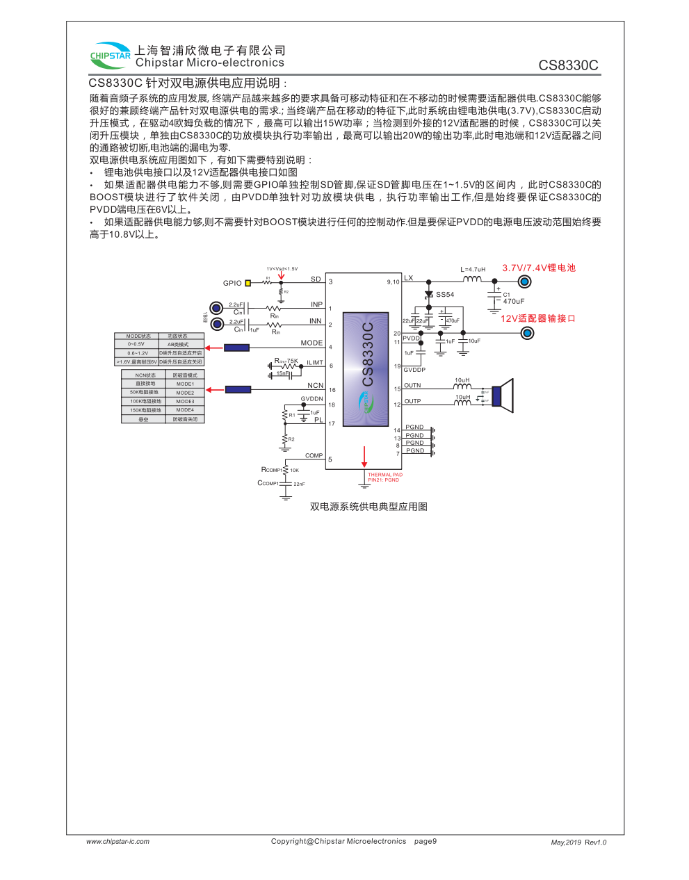 CS8330C是一款可以兼顾单节锂电池和12V适配器双电源供电应用