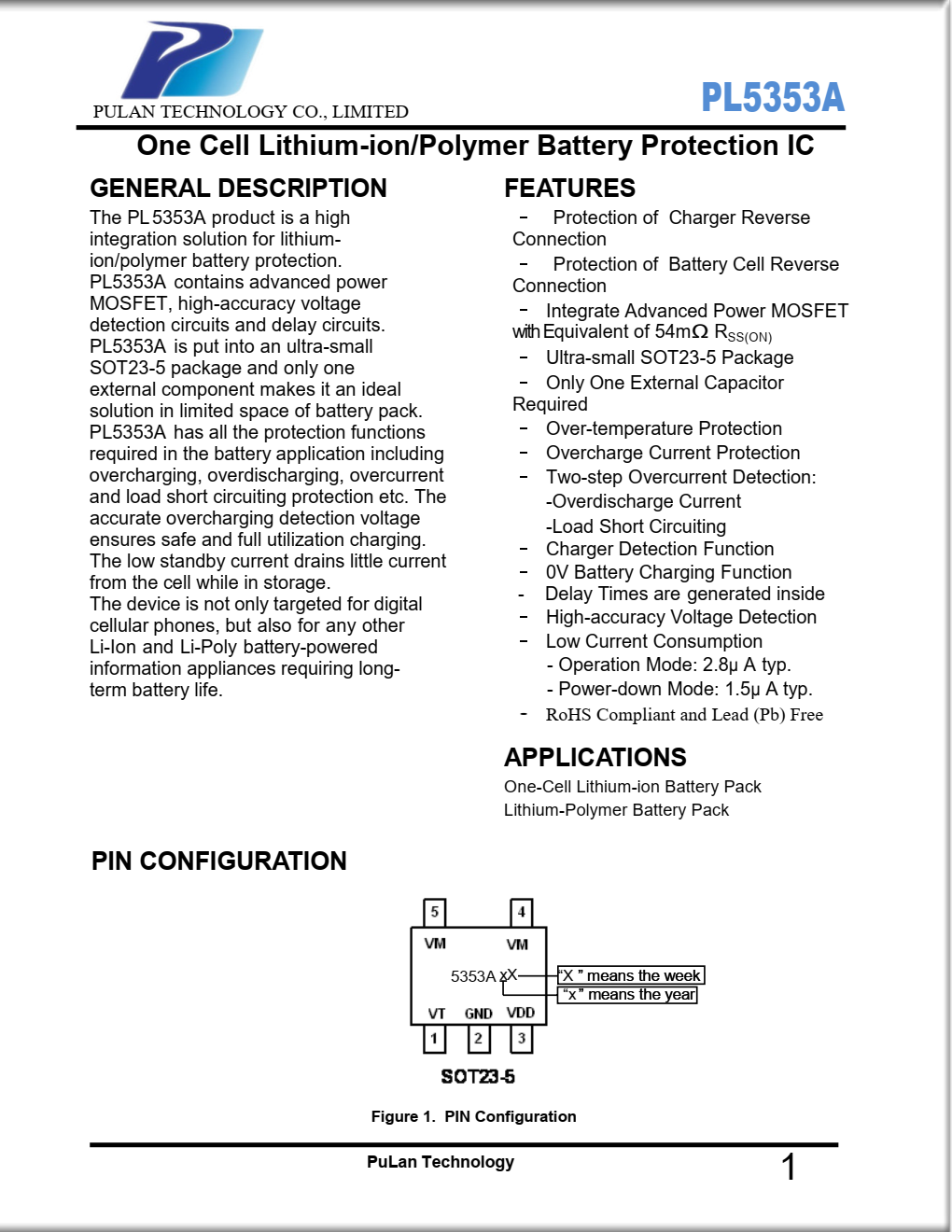 PL5353A产品是一种高性能产品  锂离子/聚合物电池保护集成解决方案