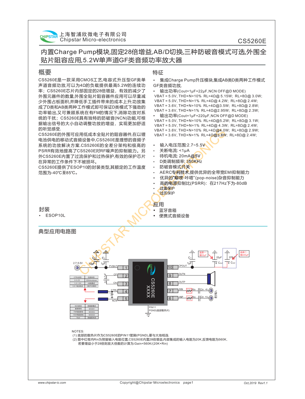 CS5260E是一款采用CMOS工艺电容式升压型GF类声道音频功放