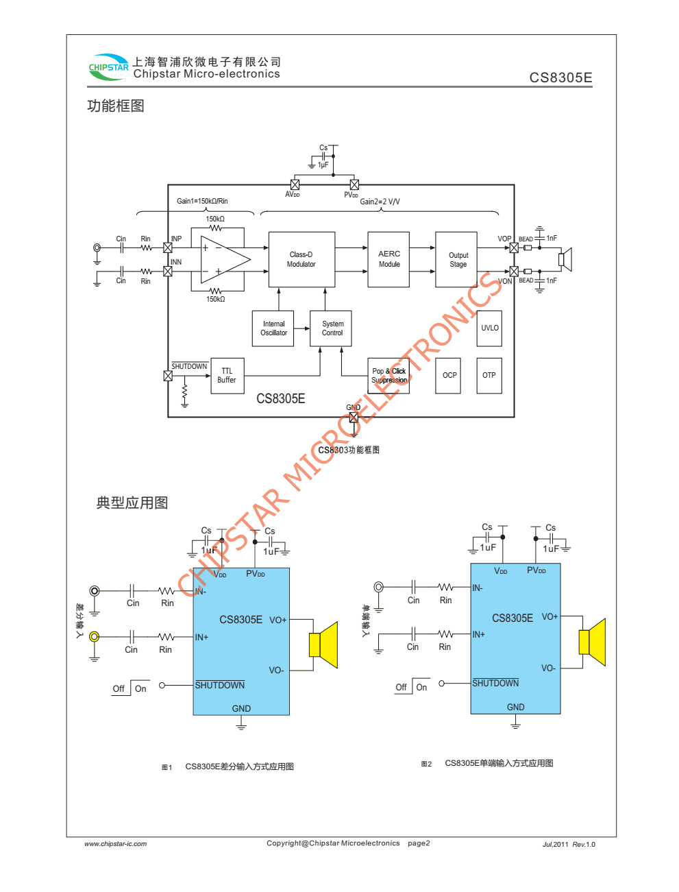 CS8305E是一款高效率,超低EM,50W单声道D类音频放大器
