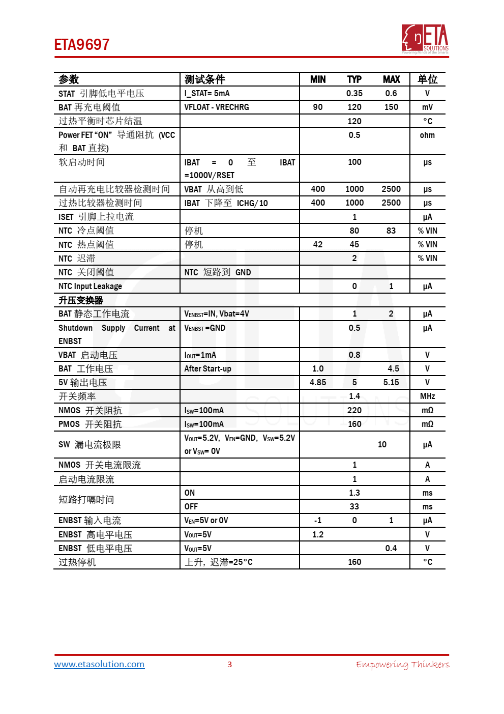 ETA9697 是一个超低功耗的双通道 PMU：集成了独立的 16V 耐压的线性充电器和 5V 同步升压变换器