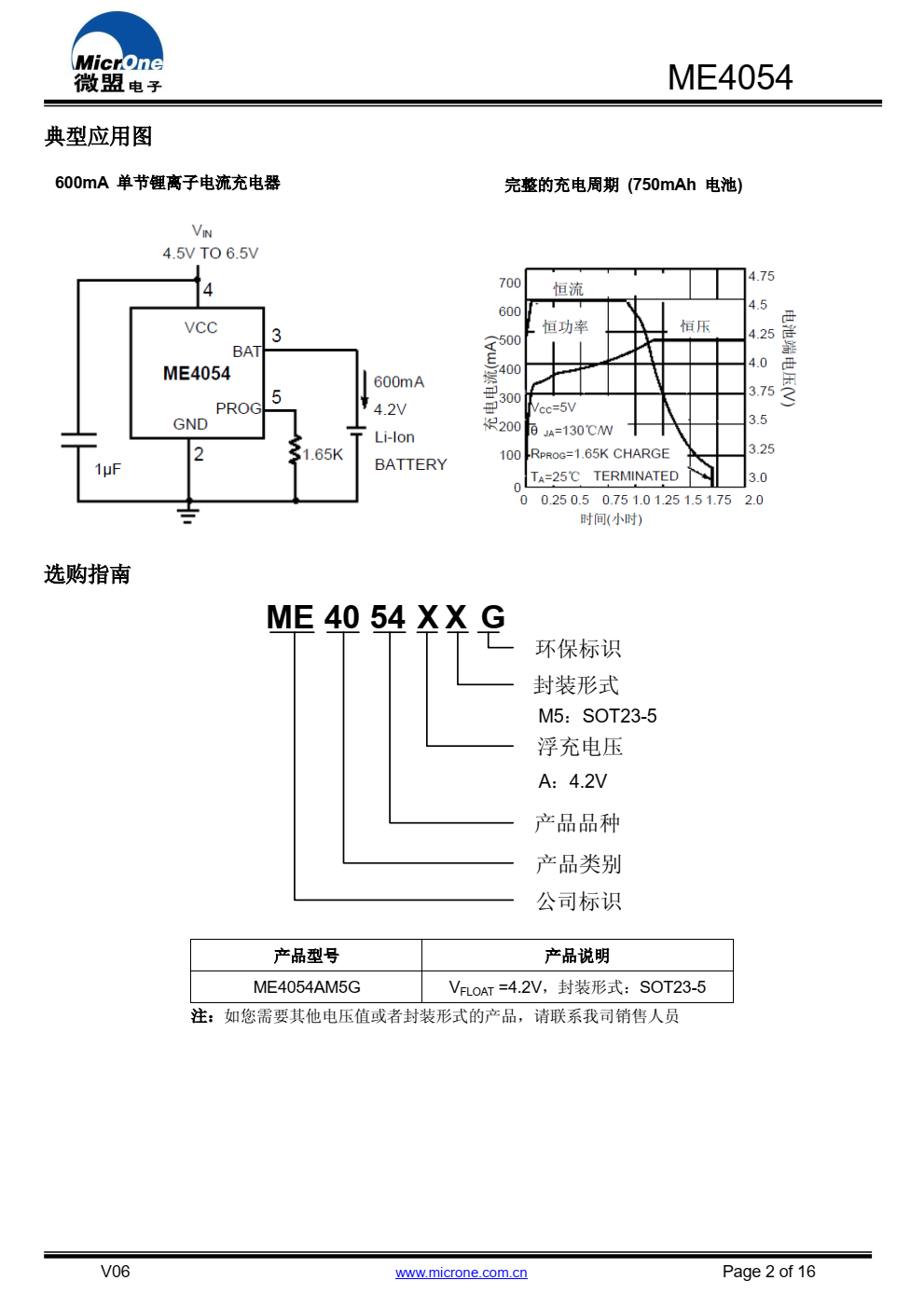 ME4054 是一款完整的单节锂离子电池用恒定电流/ 恒定电压线性充电器