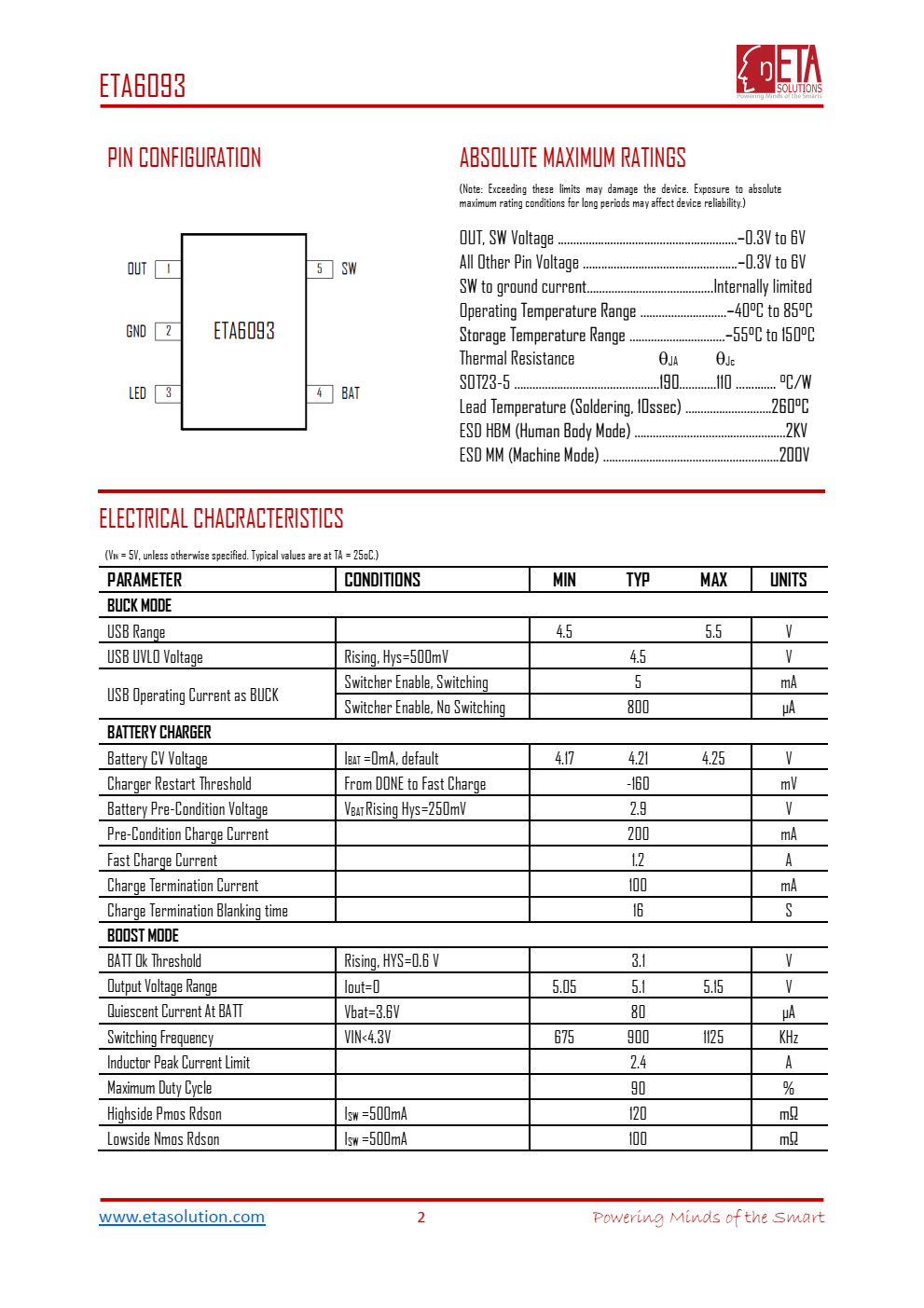 ETA6093是一款开关式锂离子电池充电器，能够向电池提供高达LZA的充电电流，并且在升压操作中能够提供高达5/LZA的充电电流，在充电模式和升压模式下都具有很高的充电效率