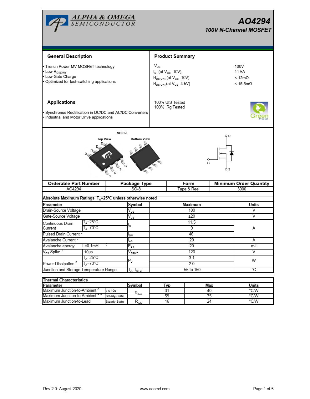 AO4294 100V N沟道MOSFET