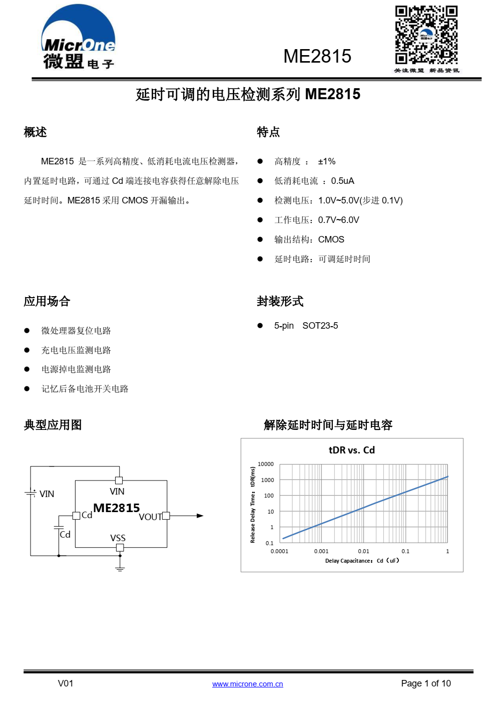 ME2815 是一系列高精度、低消耗电流电压检测器， 内置延时电路，可通过 Cd 端连接电容获得任意解除电压 延时时间。 ME2815 采用 CMOS 开漏输出