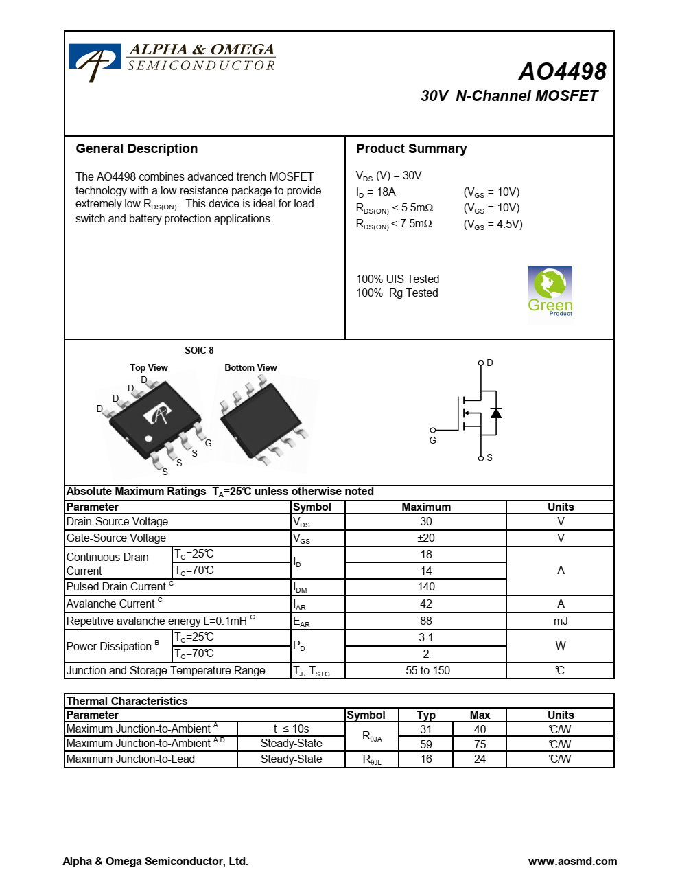 AO4498结合了先进的沟道MOSFET采用低电阻封装技术，提供极低RDS（打开）