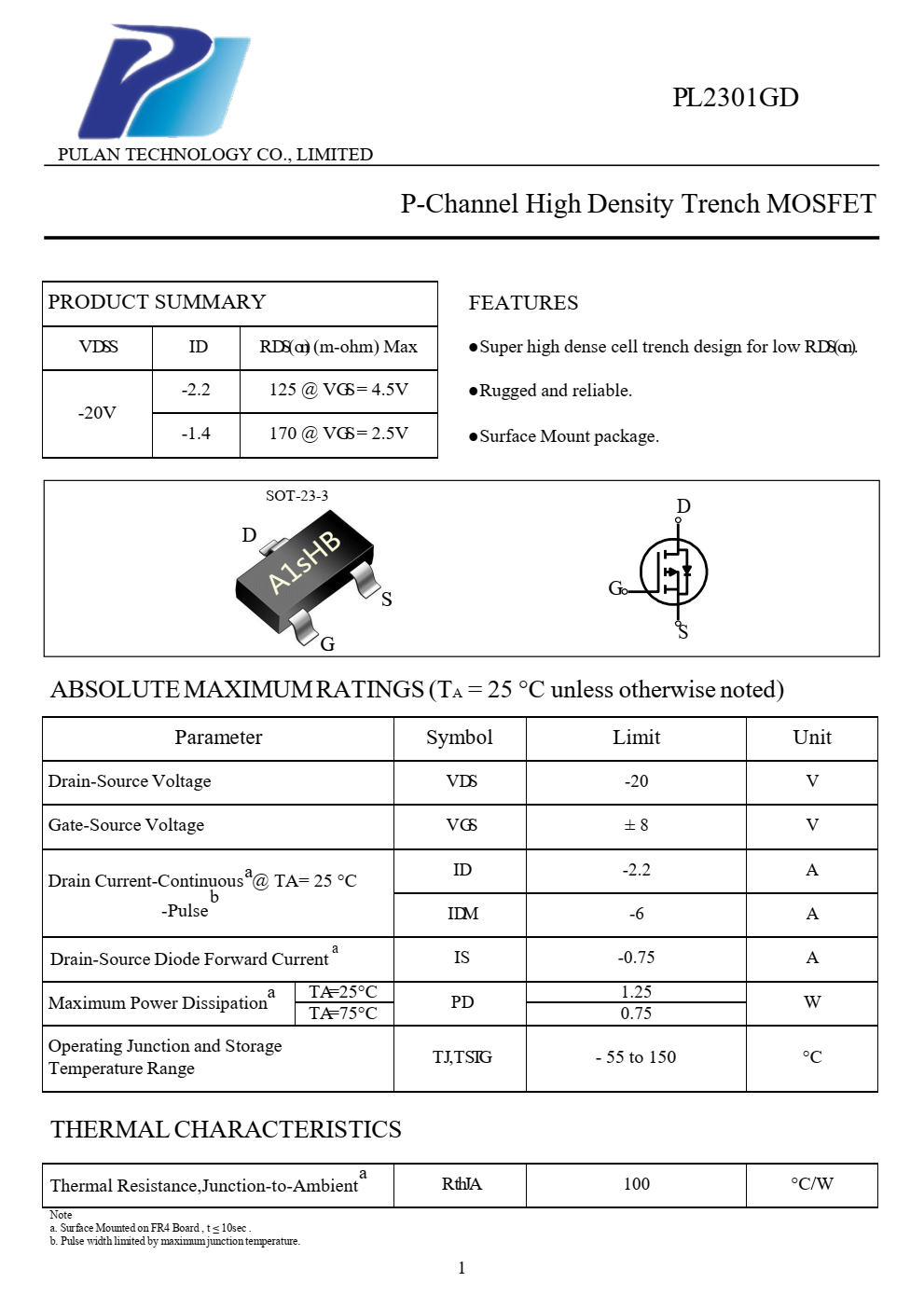 PL2301GD  N沟道高密度沟道MOSFET