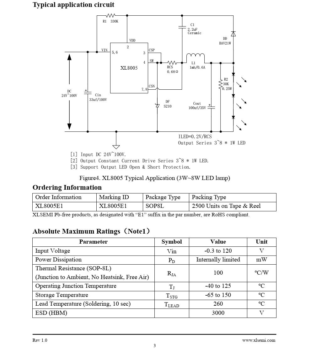 XL8005是一种单片高压电源  带PFM的开关调节器