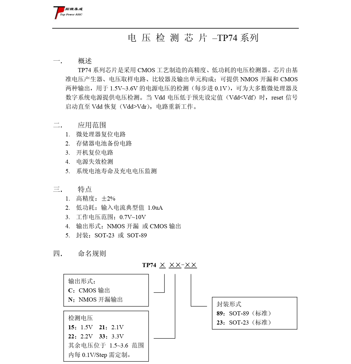 电 压 检 测 芯 片 –TP74 系列