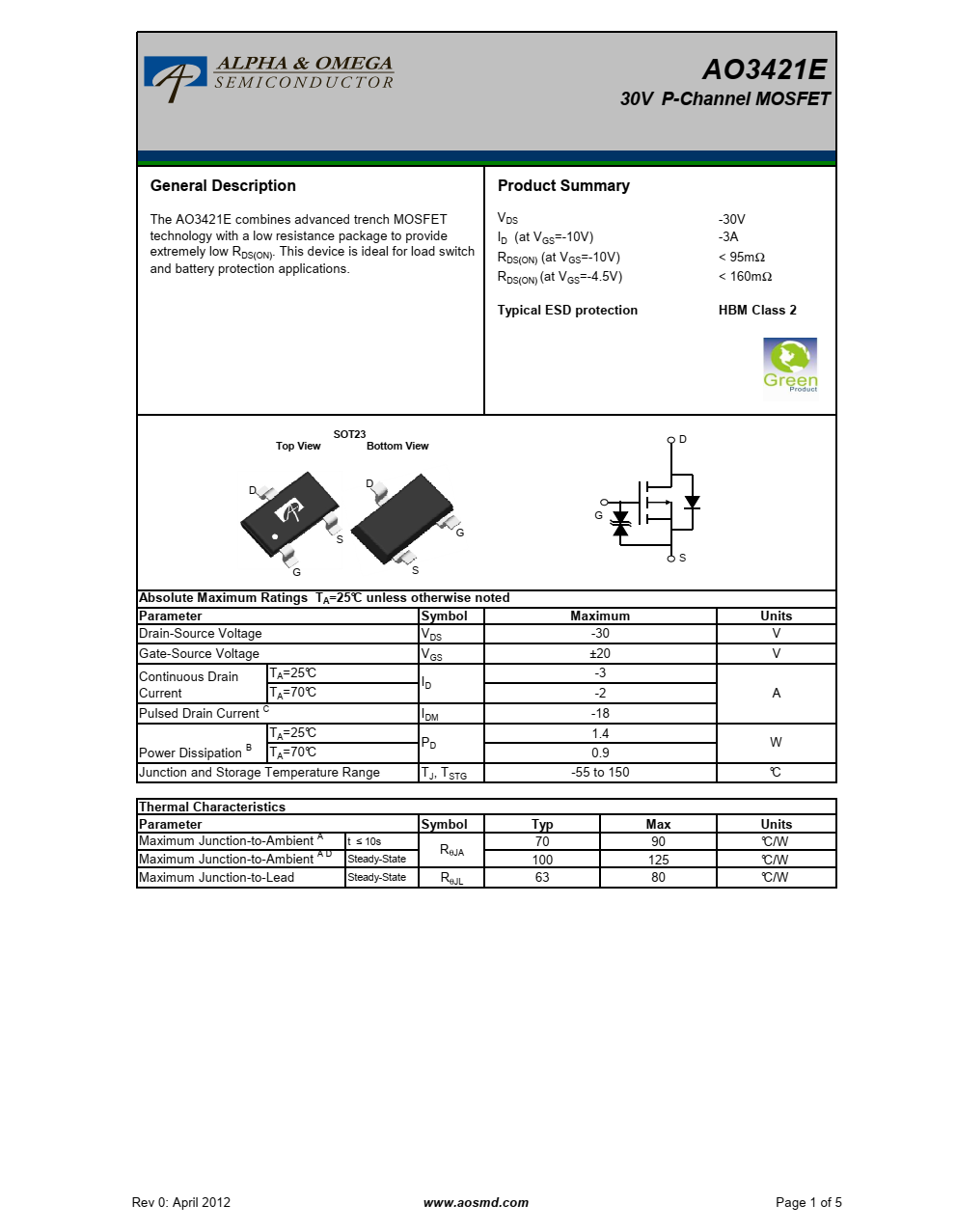 AO3421E 30V P沟道MOSFET
