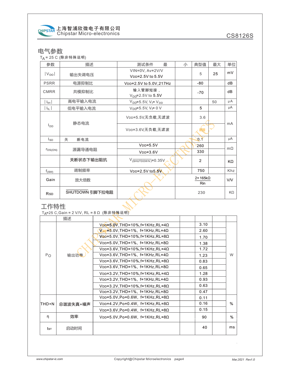 CS8126S是一款高效率,超低EM,3.0W单声道D类音顷放大器。