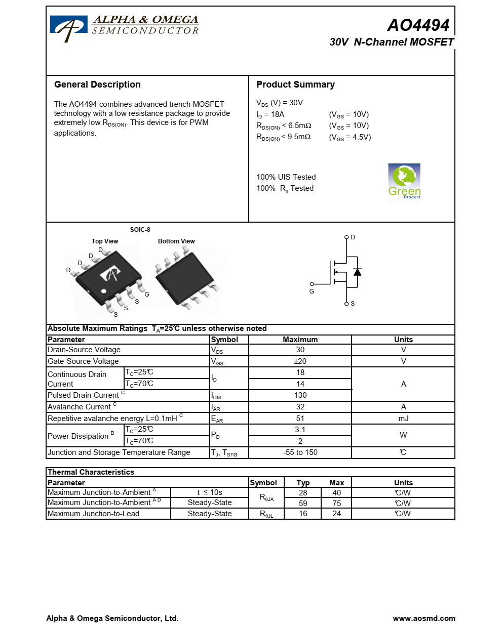 AO4494结合了先进的沟道MOSFET采用低电阻封装技术，提供极低RDS（打开）