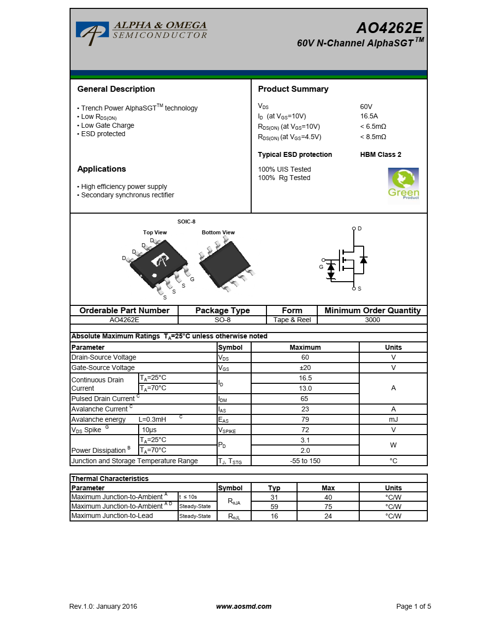 AO4262E  60V N通道AlphaSGT TM