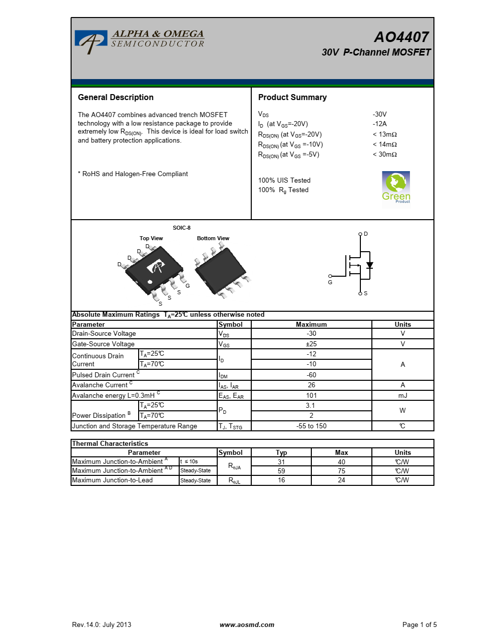 AO4407 30V P沟道MOSFET