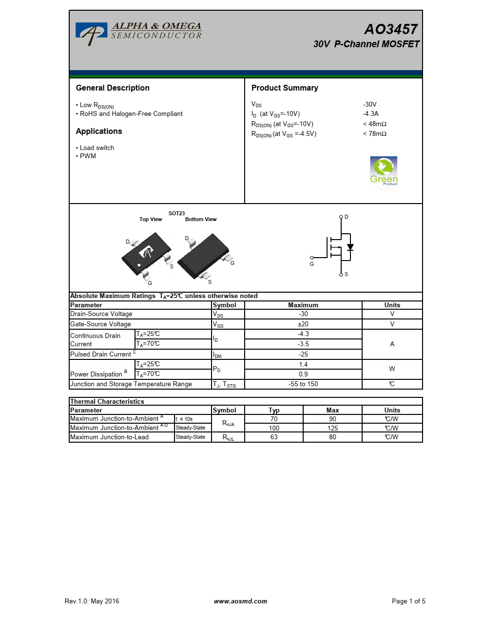 AO3457  30vn沟道MOSFET