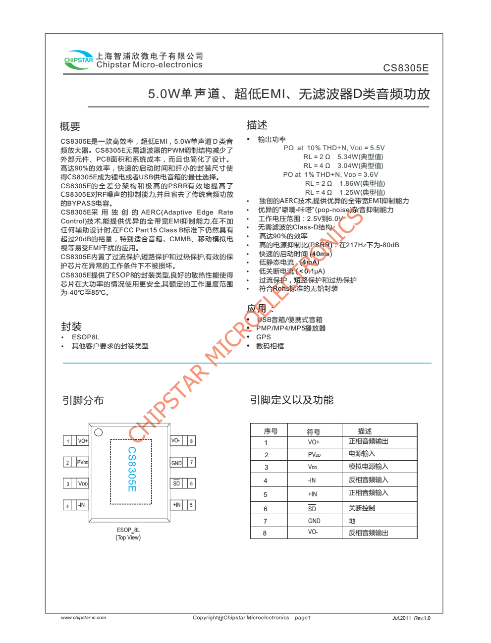 CS8305E是一款高效率,超低EM,50W单声道D类音频放大器