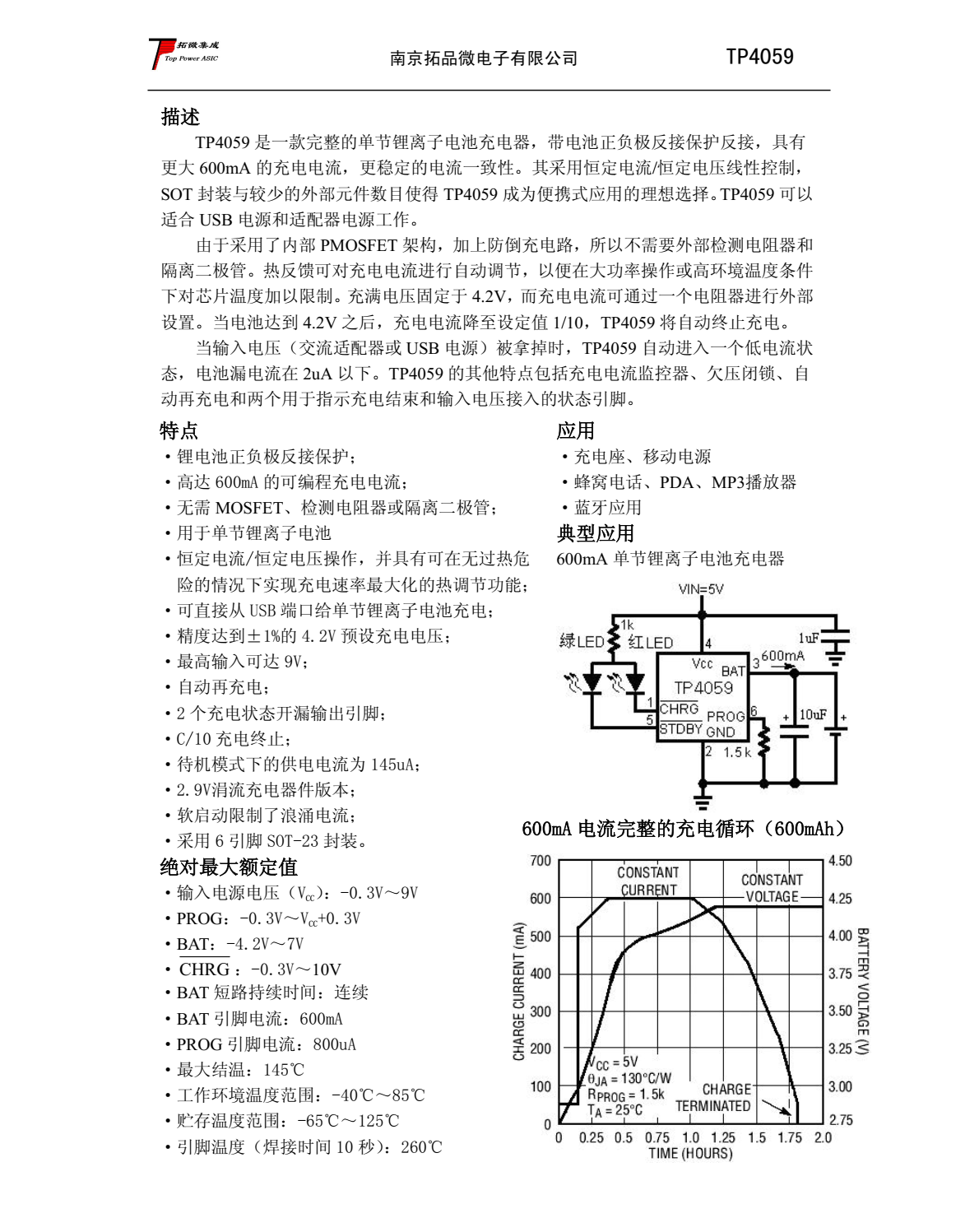 TP4059 是一款完整的单节锂离子电池充电器