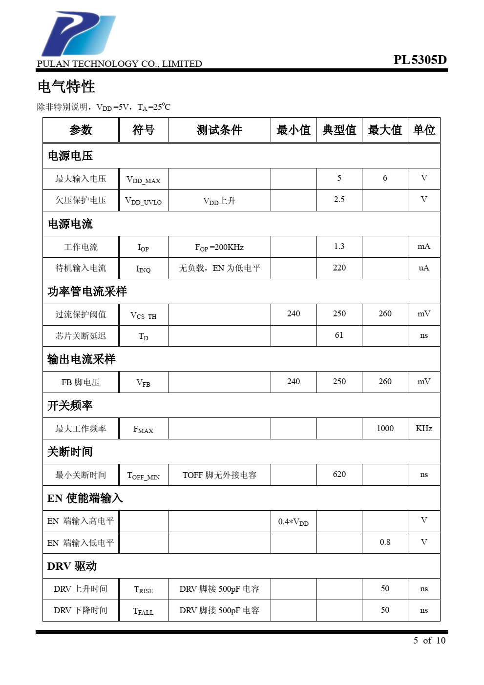 PL5305D是一款高效率、高精度的升 压型大功率 LED 灯恒流驱动控制芯片
