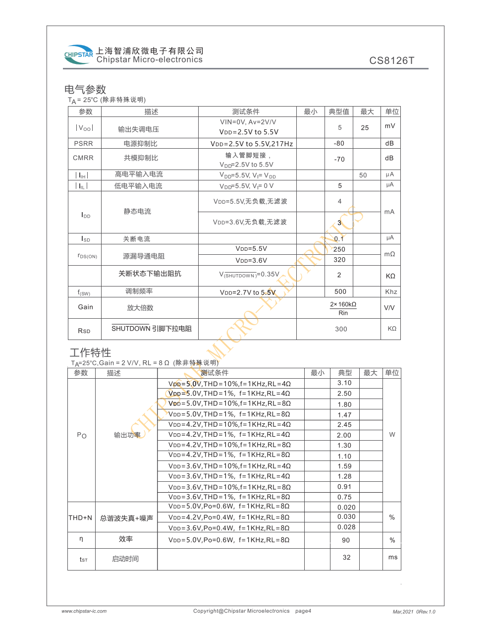 CS8126T是一款高效率,超低EM,3.1W单声道D类音频放大器