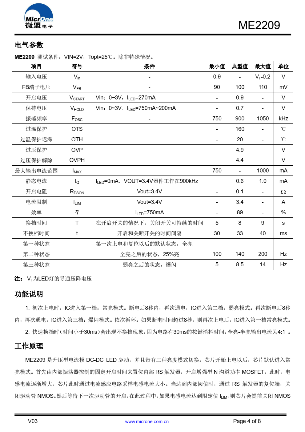 ME2209是一款带三种亮度模式（ 常亮、弱亮和爆 闪） ，电流模控制的大功率升压型DC/DC LED驱动器。