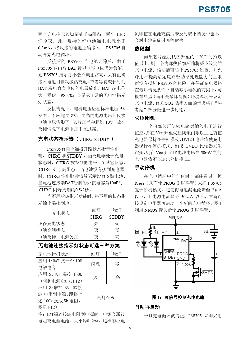 PS5705 一款完整的单节锂离子电池充电器，带电池正负极反接保护，采用恒定电 流/恒定电压线性控制。其 SOT 封装与较少的外部元件数目使得 PS5705 便携式应用的理 想选择。PS5705 可以适合 USB 电源和适配器电源工作