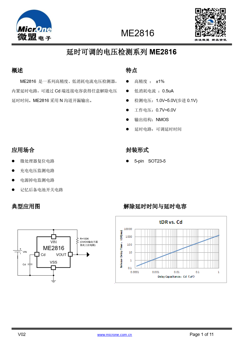 ME2816 是一系列高精度、低消耗电流电压检测器， 内置延时电路，可通过 Cd 端连接电容获得任意解除电压 延时时间。 ME2816 采用 N 沟道开漏输出