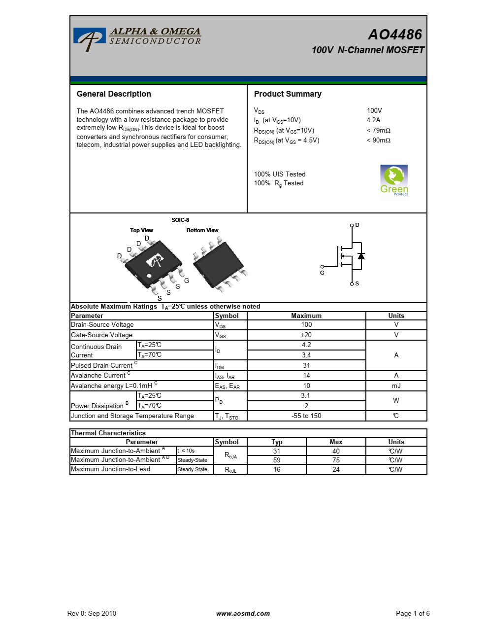 AO4486结合了先进的沟道MOSFET采用低电阻封装技术，提供极低的RDS（开启）