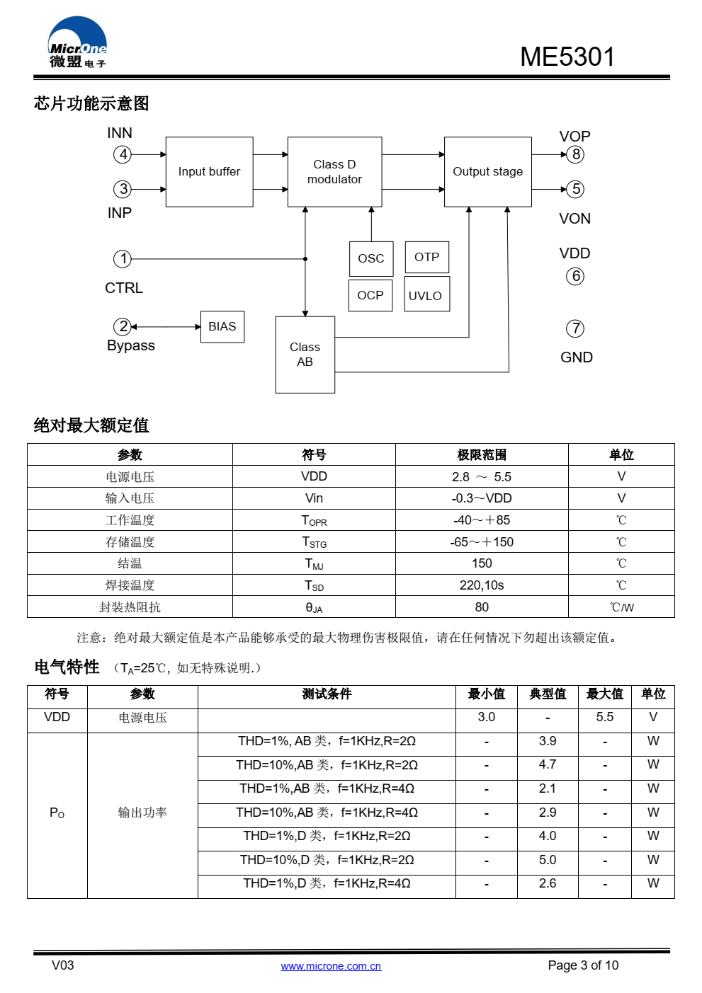 ME5301是一款带AB类/D类工作模式切换功能、超低 EMI、无需滤波器、 5W单声道音频功放