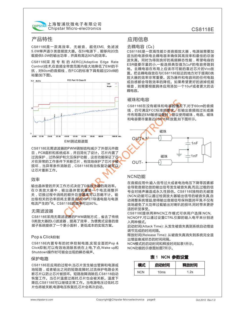 CS8118E是一款高效率、无破音、超低EM、免滤波、5.0W单声道D类音频放大器