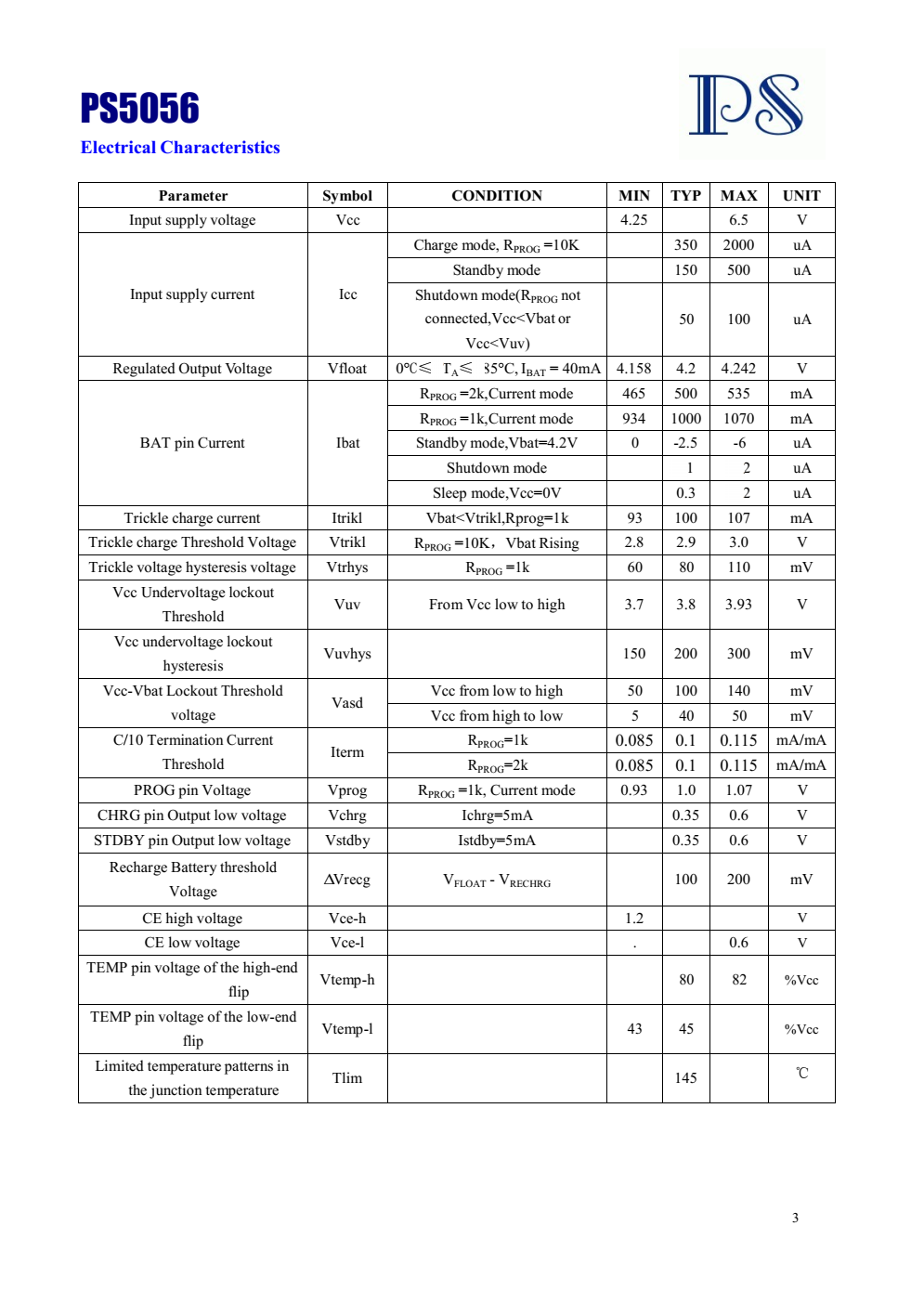 PS5056是一个完整的恒流和恒流传感器  单电池锂离子电池电压线性充电器