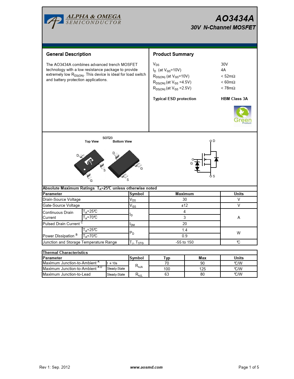 AO3434A结合了先进的沟槽MOSFET 采用低电阻封装技术