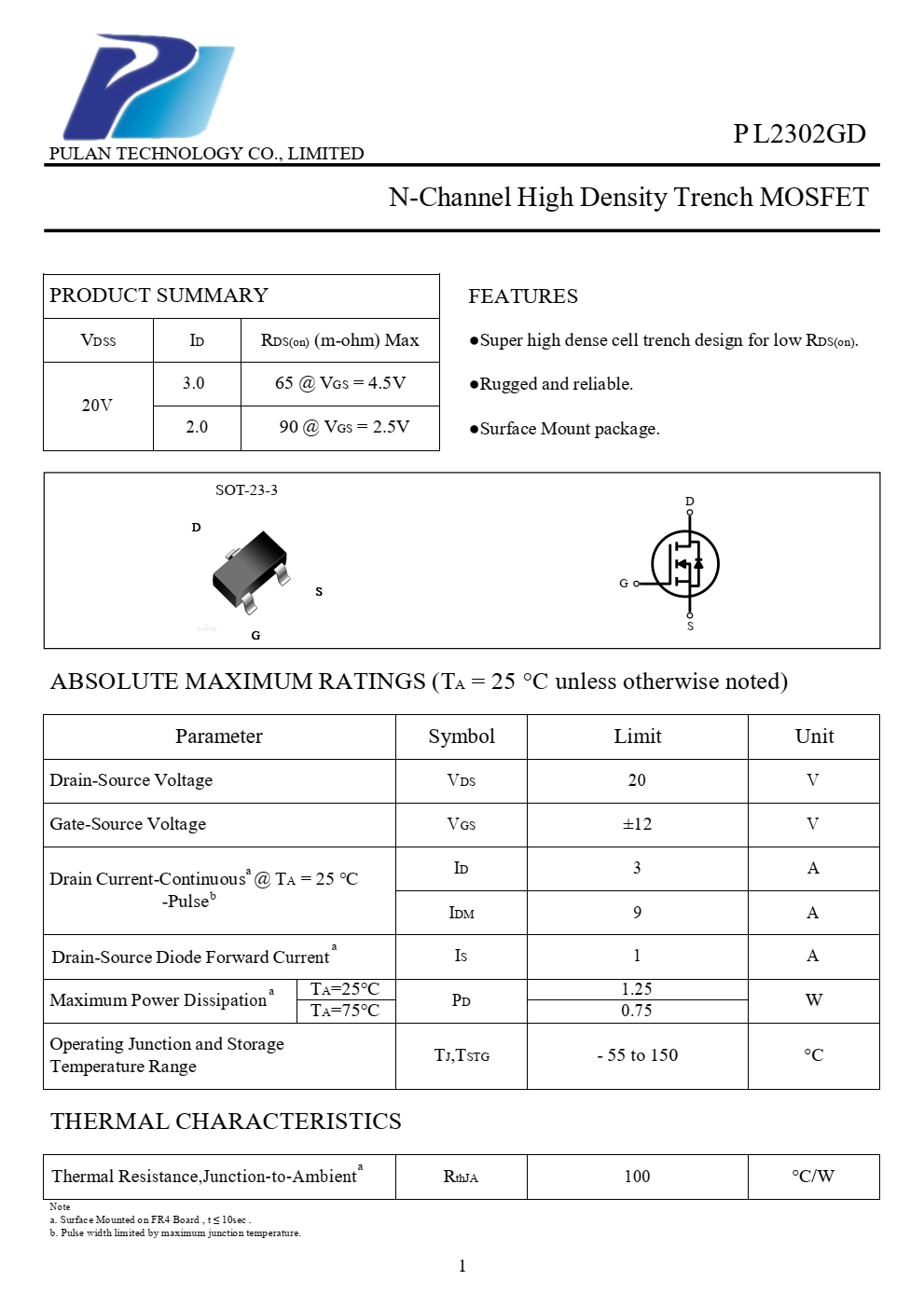 PL2302GDN沟道高密度沟道MOSFET