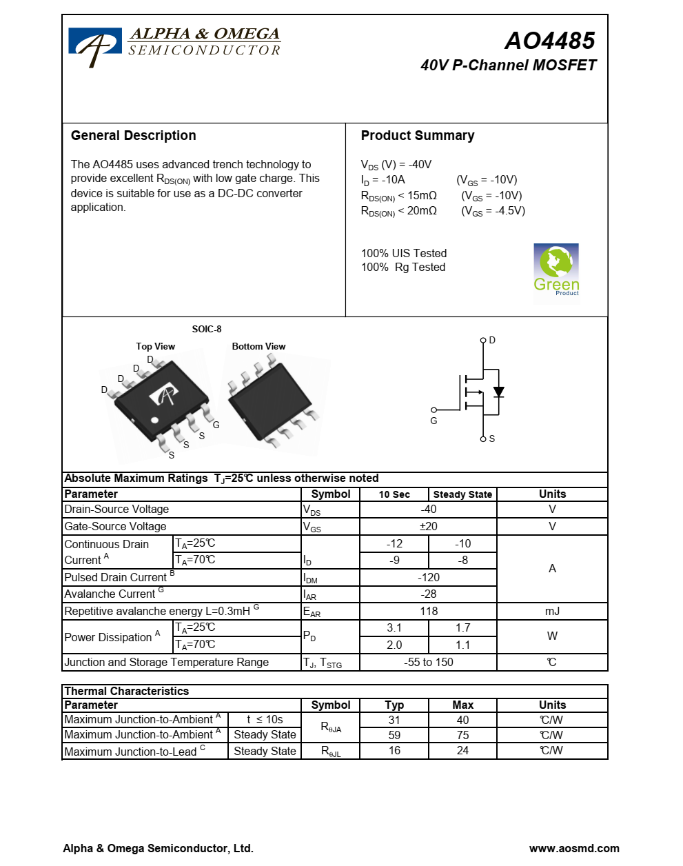 AO4485采用先进的沟槽技术，提供低栅极电荷的出色RDS（ON）
