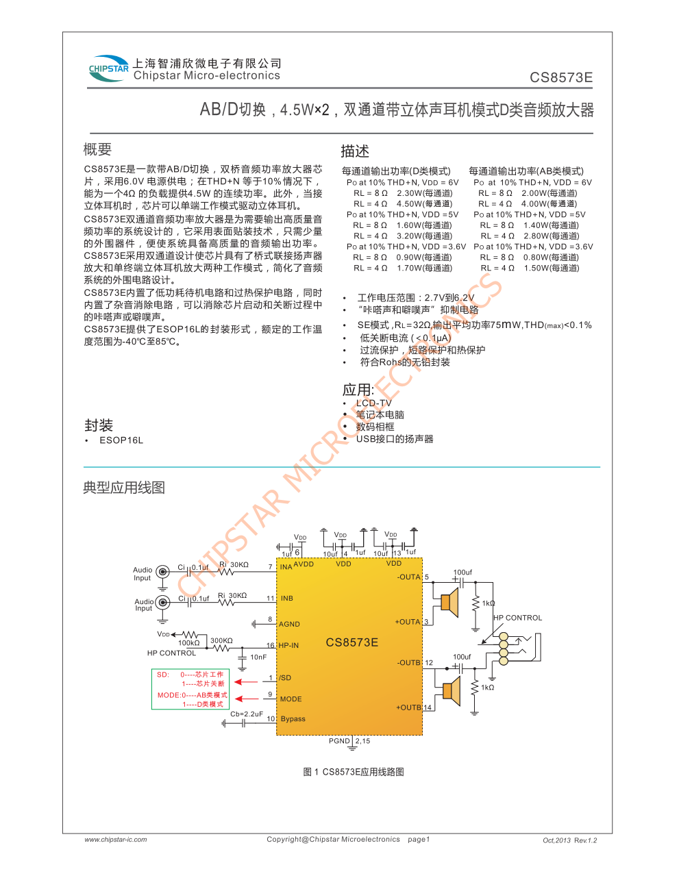 CS8573E是一款带ABD切换,双桥音频功率放大器片,采用60V电源供电