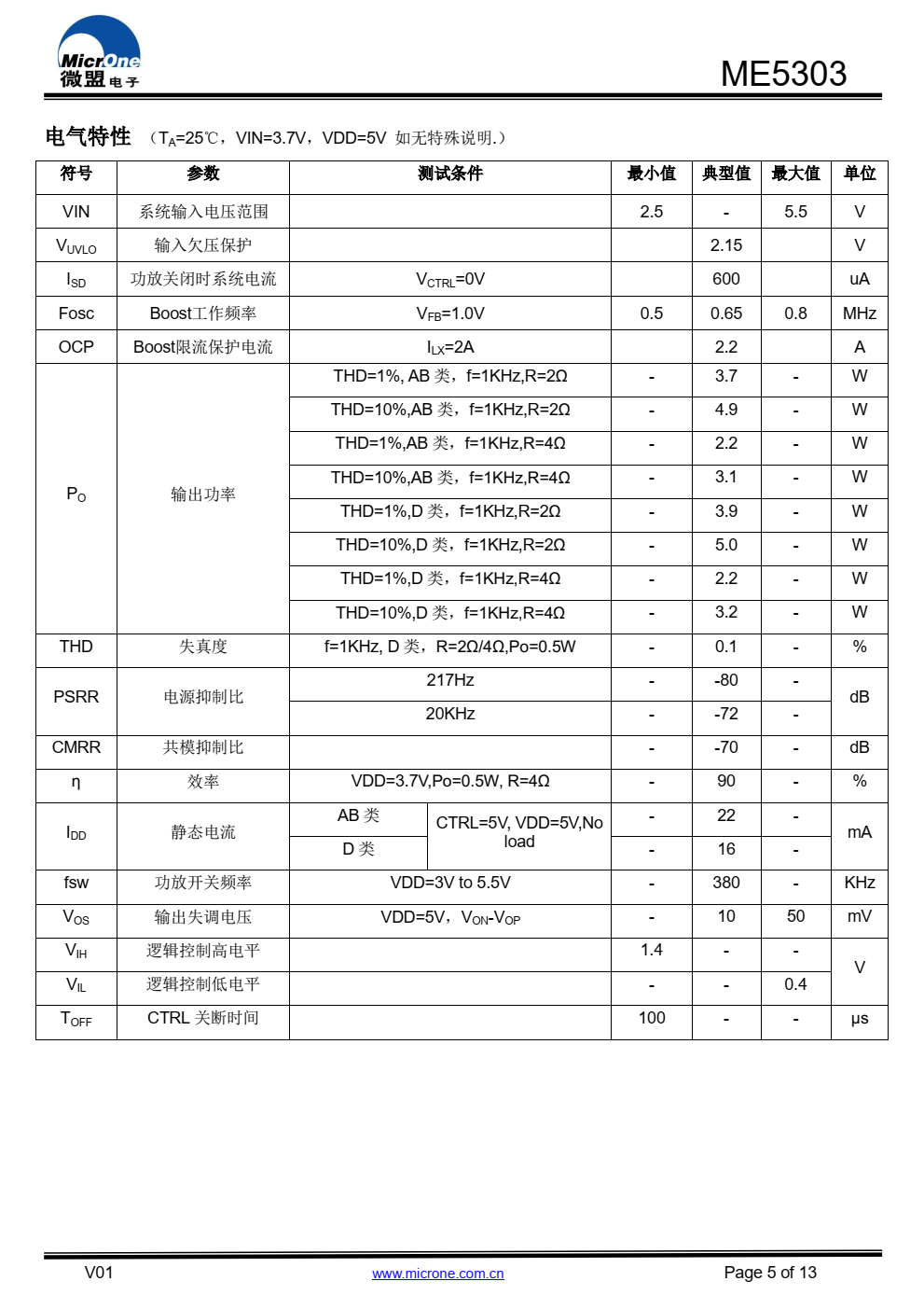 ME5303是一款采用ESOP8小封装， 集成了BOOST 升压模块，带AB类/D类工作模式切换功能、 5W单声道音 频功放
