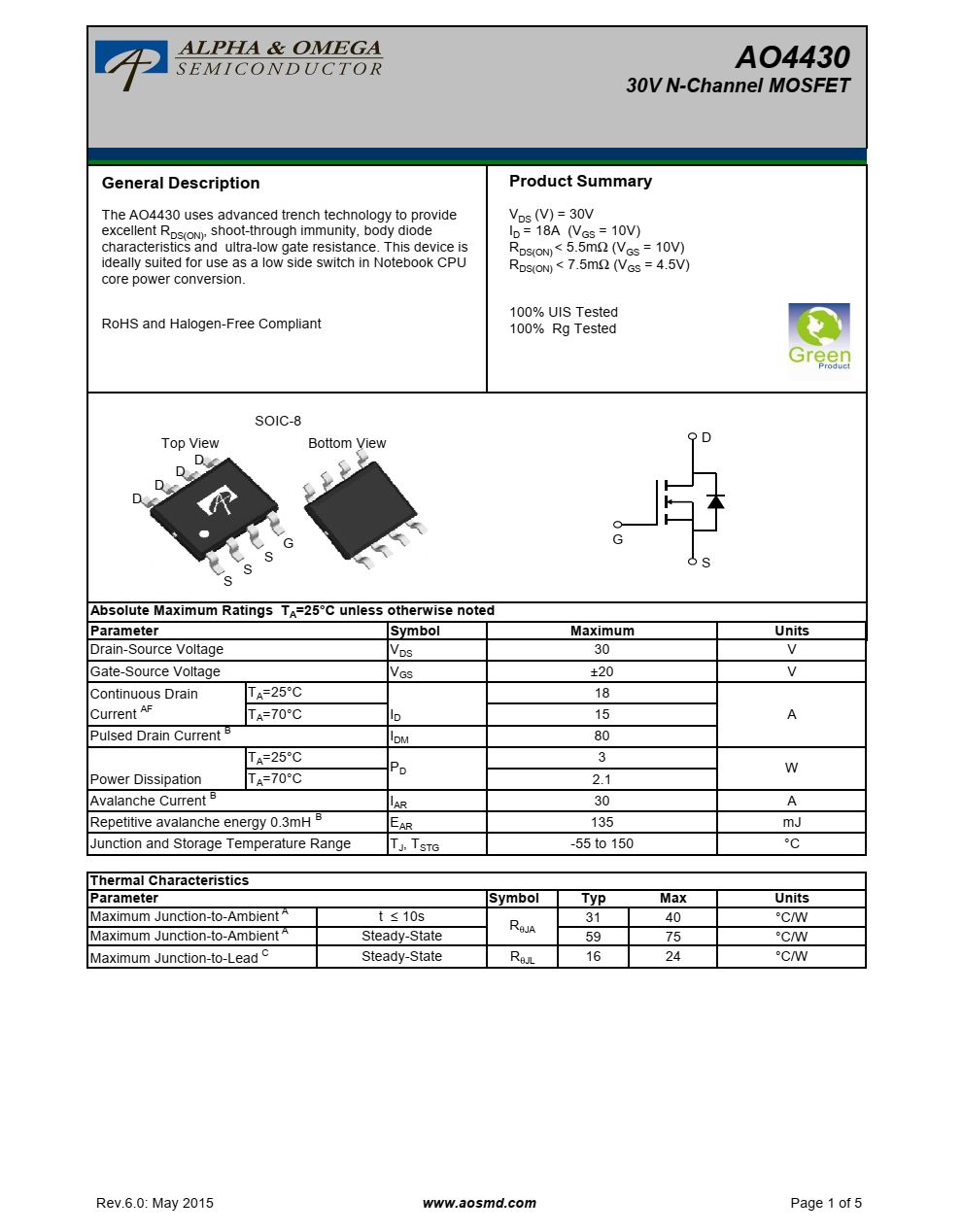 AO4430采用先进的沟槽技术提供优秀的RDS（ON）