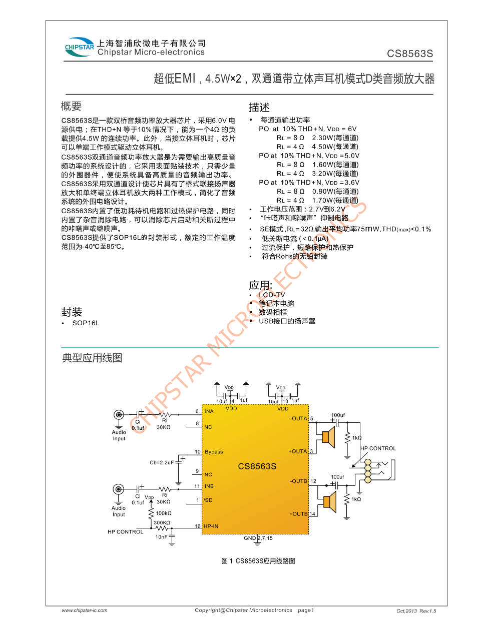 CS8563S是一款双桥音频功率放大器芯片,采用6.0V电源供电