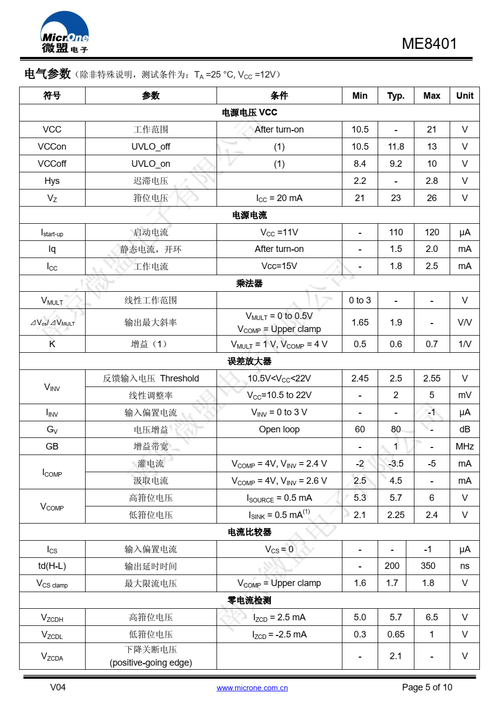 ME8401 是一款基于临界导通模式（CRM）的有源 功率因数校正控制器（ PFC），主要应用于中小功率的 AC/DC 开关电源中