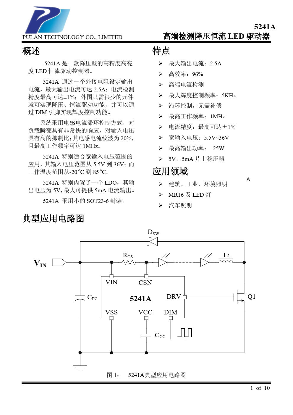 5241A 是一款降压型的高精度高亮 度 LED 恒流驱动控制器