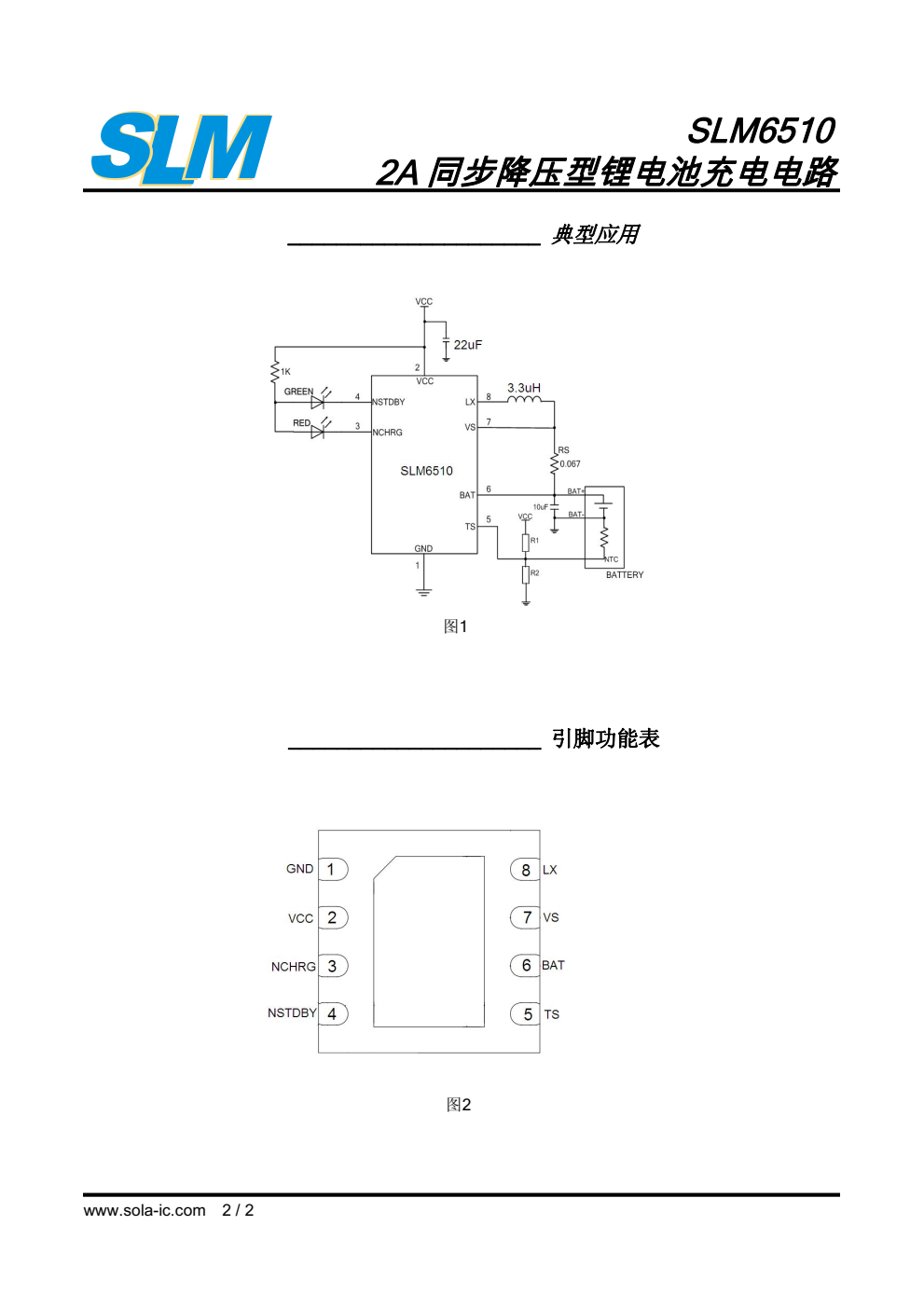 SLM6510 是一款面向5V交流适配器的2A 锂离子电池充电器