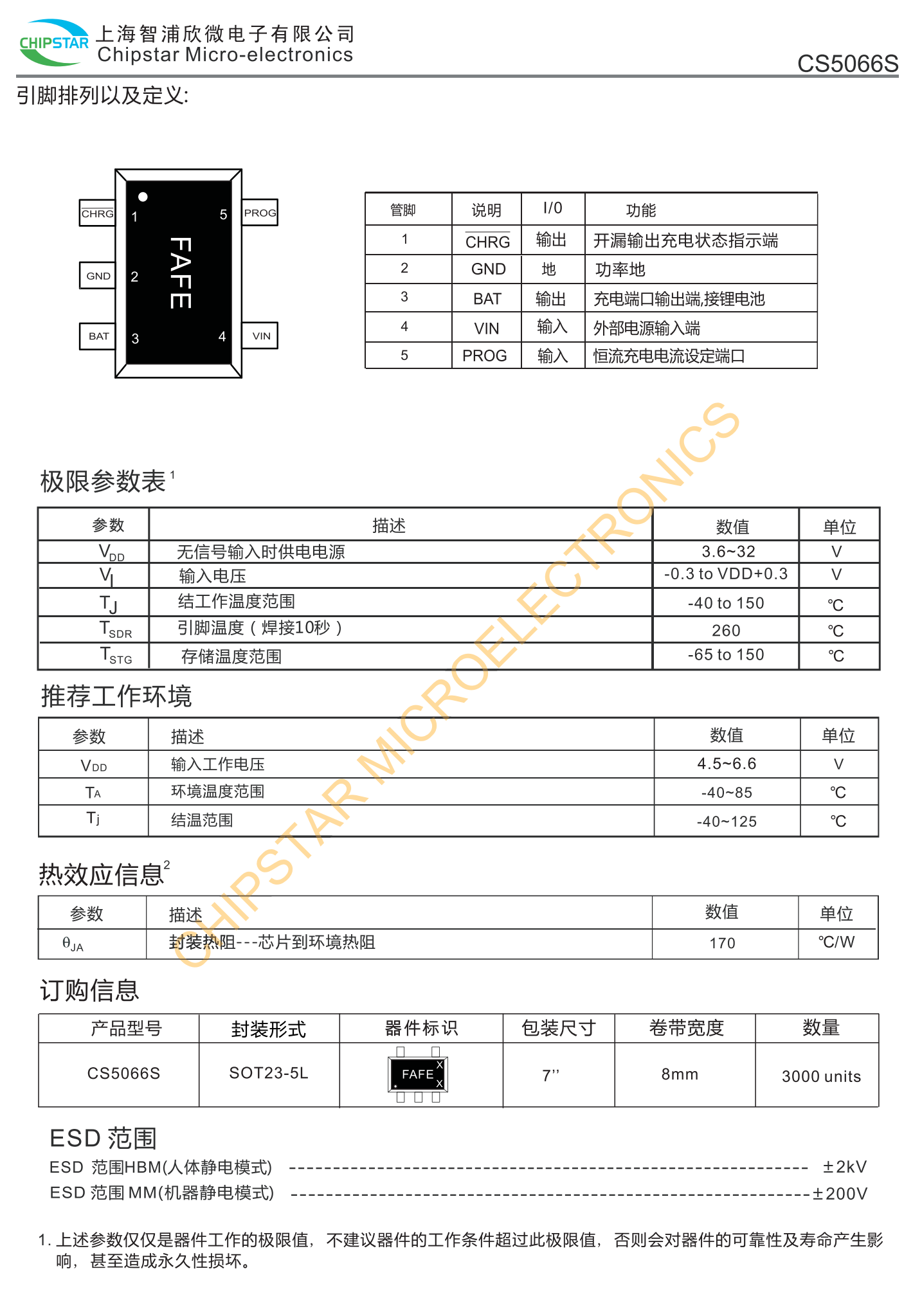 CS5066S是面向空间觉限的使携应用的高度集成锂离和锂聚合物线性充电器器件