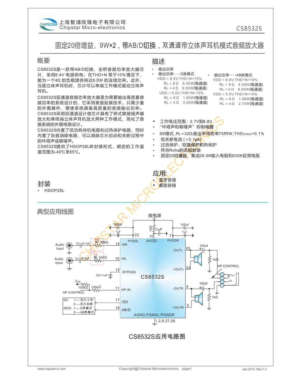 CS8532CS是一款带AB/D切换,全桥音频功率放大器芯片